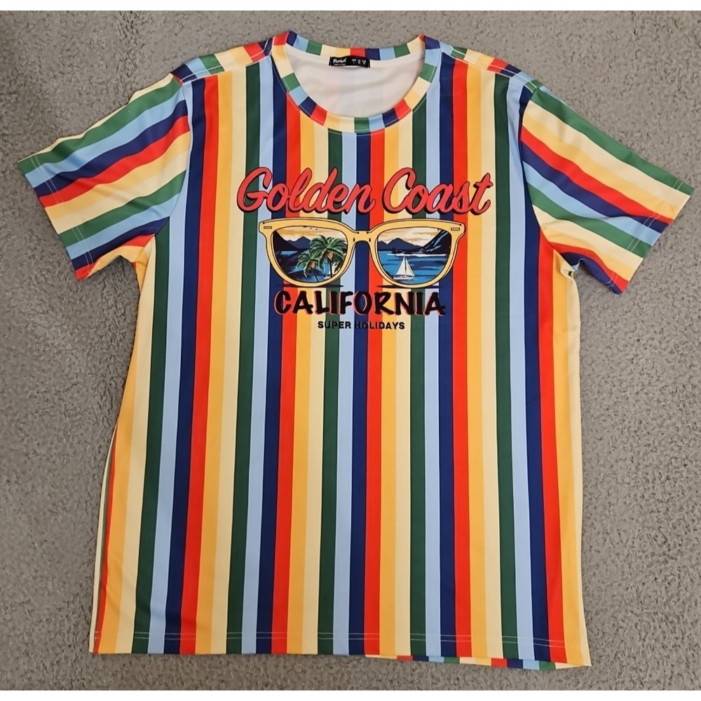 Golden Coast‎ California Mens Shirt LARGE Striped Rainbow Romwe